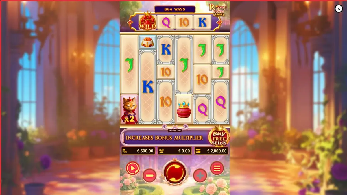 Tampilan visual slot Royal Paws Maxways dengan tema taman istana mewah dan simbol kucing kerajaan.