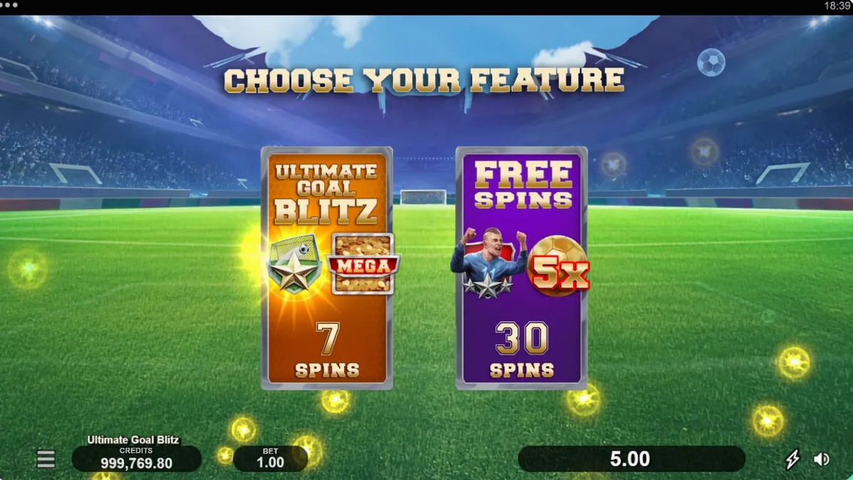 Tampilan antarmuka seluler slot Ultimate Goal Blitz dengan latar belakang stadion sepak bola yang megah.
