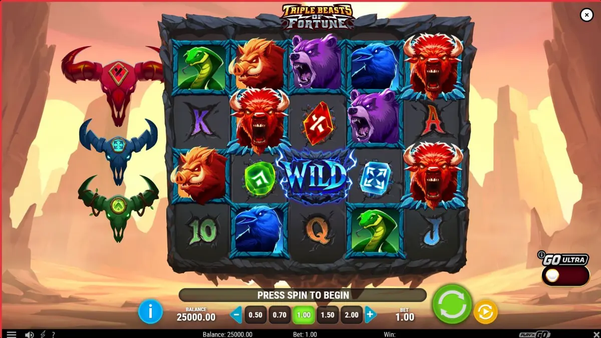 Triple Beasts of Fortune slot dengan latar belakang ngarai neon dan simbol hewan purba yang menyala.